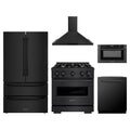 ZLINE 5-Piece Appliance Package - 30-Inch Gas Range, Hood, Refrigerator, Dishwasher, and Microwave Drawer in Black Stainless Steel