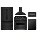 ZLINE 5-Piece Appliance Package - 36-Inch Gas Range, Hood, Refrigerator, Dishwasher, and Microwave Drawer in Black Stainless Steel