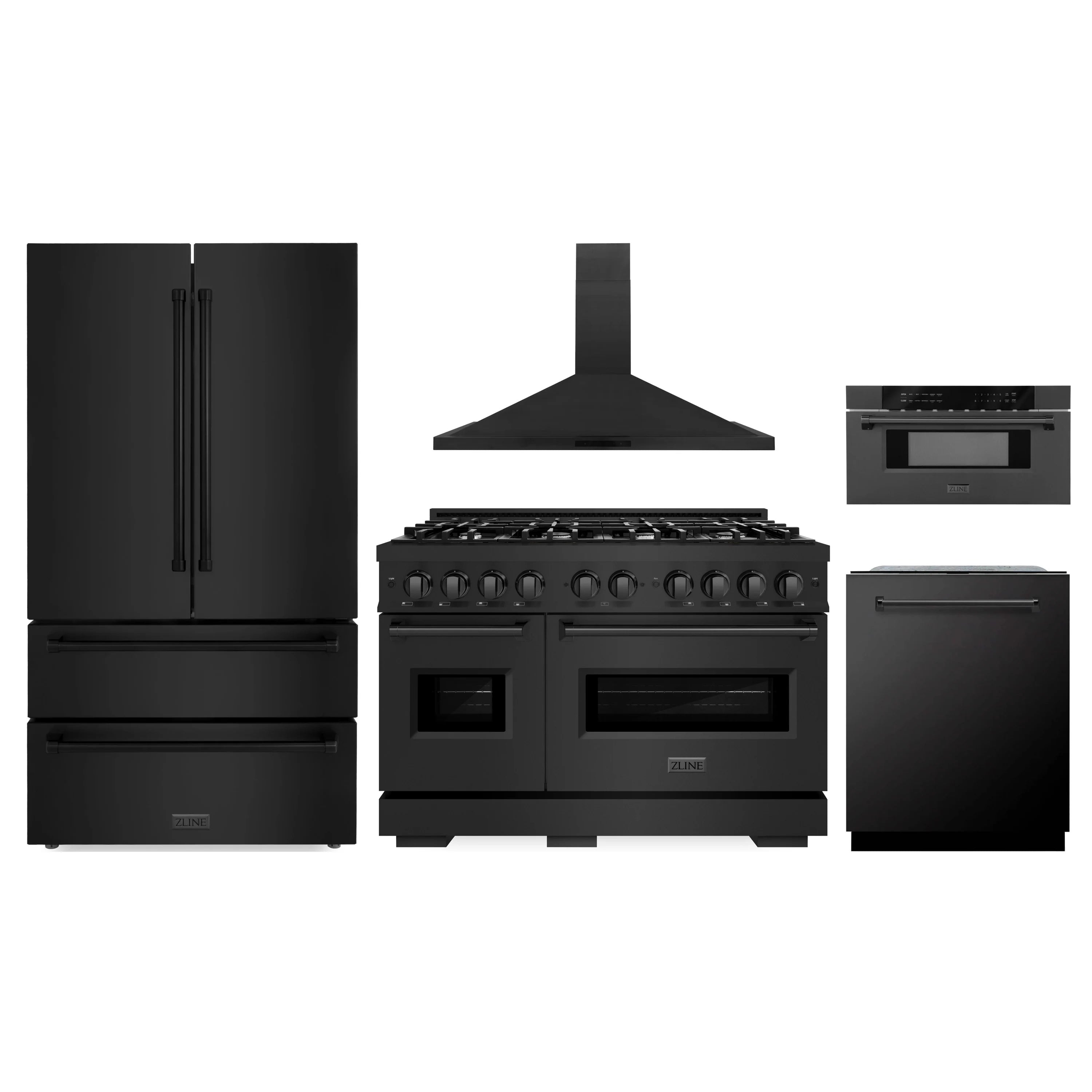 Black stainless appliance package set: refrigerator, range, hood, dishwasher, microwave