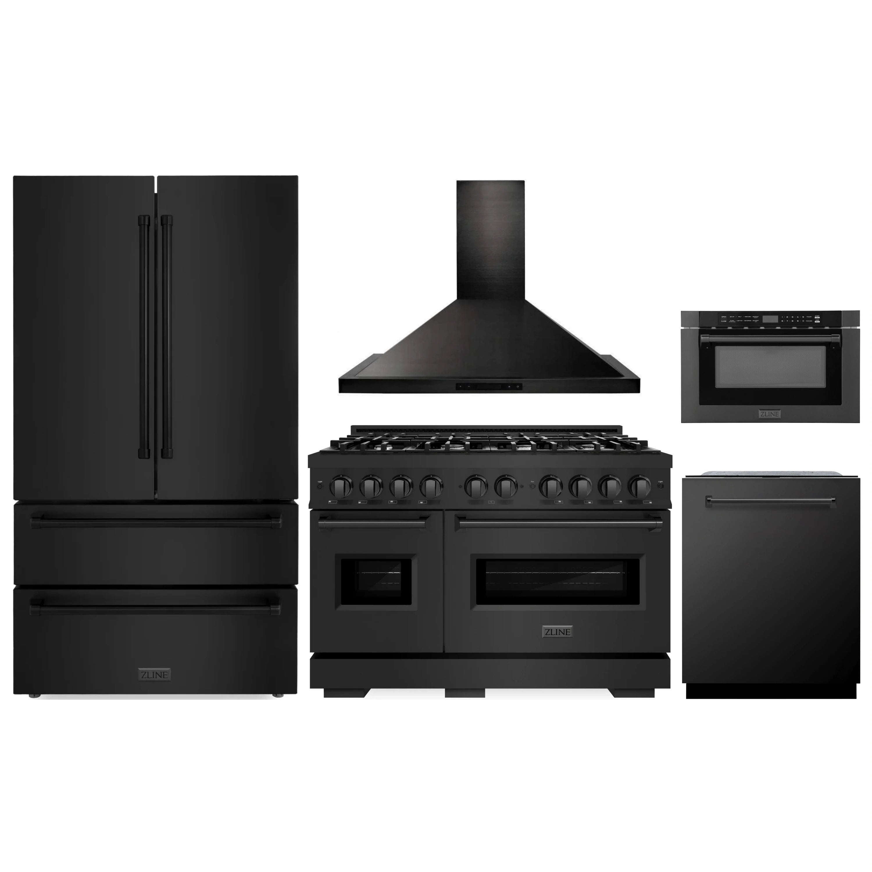 Black stainless steel appliance package featuring range, hood, refrigerator, and dishwasher