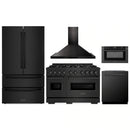 ZLINE 5-Piece Appliance Package - 48-Inch Gas Range, Hood, Refrigerator, Dishwasher, and Microwave Drawer in Black Stainless Steel