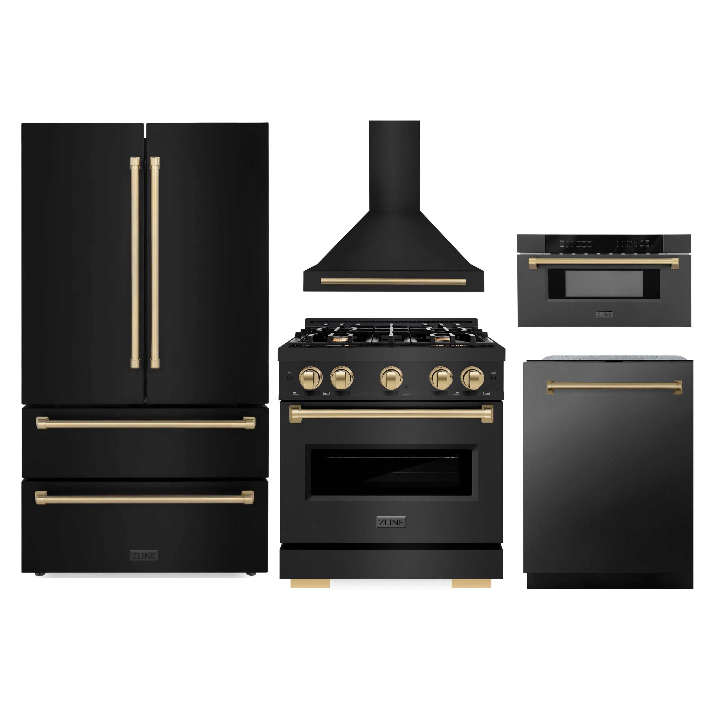 Black stainless appliance set with champagne-bronze accents: fridge, range, hood, dishwasher