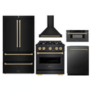 ZLINE 5-Piece Appliance Package - 30-Inch Autograph Edition Gas Range, Wall Mount Range Hood, 36-Inch French Door Refrigerator, Dishwasher, and 30-Inch Microwave Drawer in Black Stainless Steel with Champagne Bronze Accents