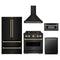 ZLINE 5-Piece Appliance Package - 30-Inch Autograph Edition Gas Range, Wall Mount Range Hood, 36-Inch French Door Refrigerator, Dishwasher, and 30-Inch Microwave Drawer in Black Stainless Steel with Champagne Bronze Accents