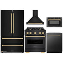 ZLINE 5-Piece Appliance Package - 30-Inch Gas Range, Hood, Refrigerator, Dishwasher, and Microwave Drawer in Black Stainless Steel with Champagne Bronze Accents