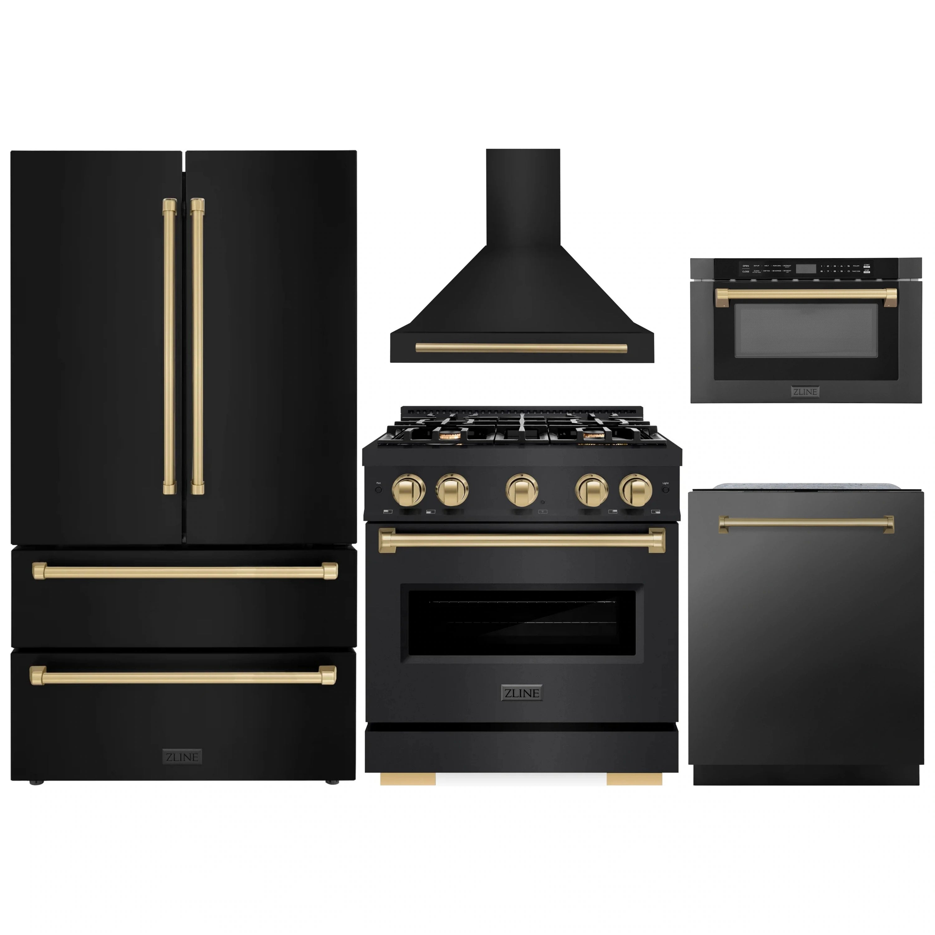 Black stainless appliance package with champagne bronze accents: refrigerator, range, hood, dishwasher