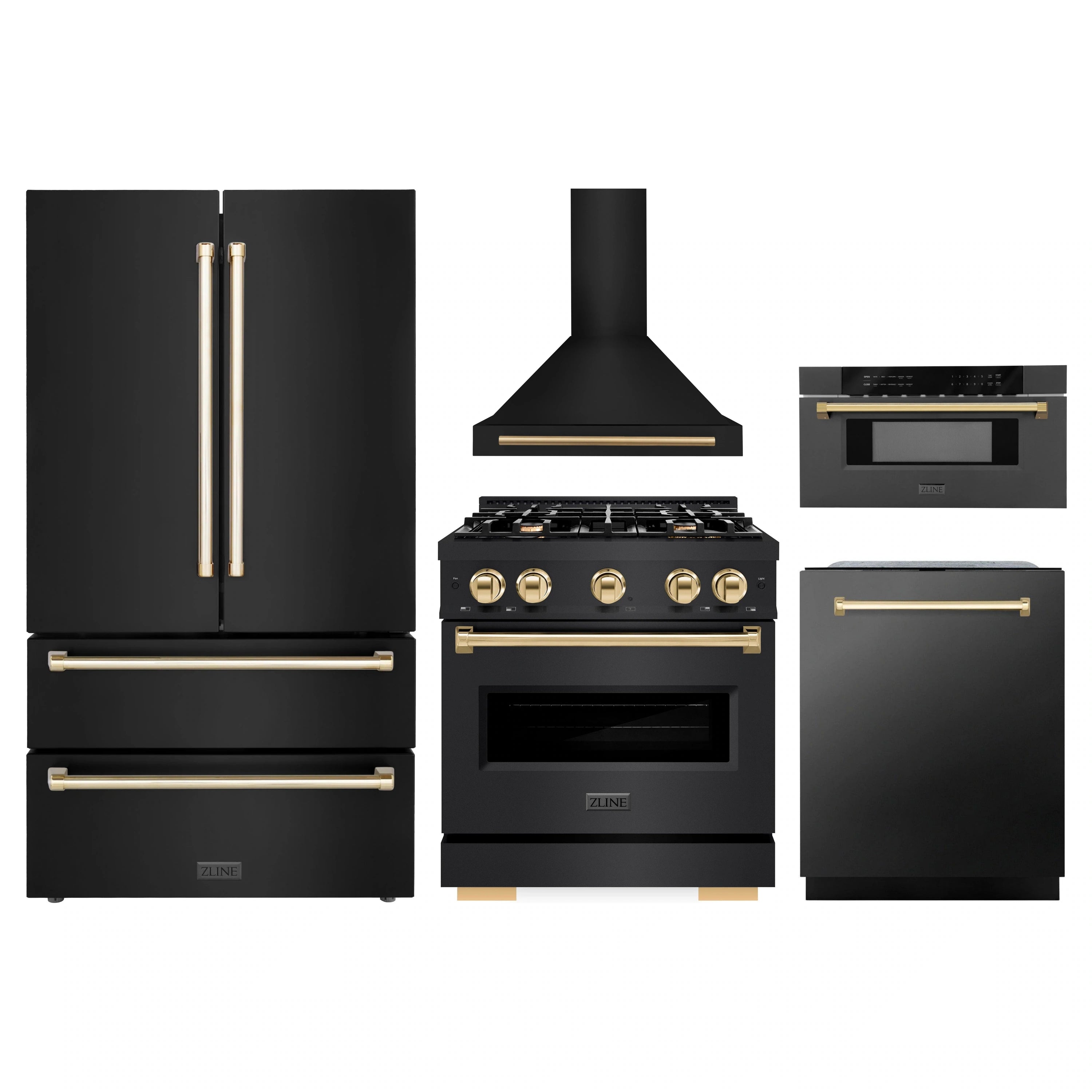 Black appliance package with gold accents: range, refrigerator, hood, and dishwasher