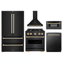 ZLINE 5-Piece Appliance Package - 30-Inch Autograph Edition Gas Range, Wall Mount Range Hood, 36-Inch French Door Refrigerator, Dishwasher, and 30-Inch Microwave Drawer in Black Stainless Steel with Gold Accents