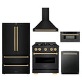 ZLINE 5-Piece Appliance Package - 30-Inch Autograph Edition Gas Range, Wall Mount Range Hood, 36-Inch French Door Refrigerator, Dishwasher, and 30-Inch Microwave Drawer in Black Stainless Steel with Gold Accents