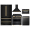 ZLINE 5-Piece Appliance Package - 30-Inch Gas Range, Hood, Refrigerator, Dishwasher, and Microwave Drawer in Black Stainless Steel with Gold Accents