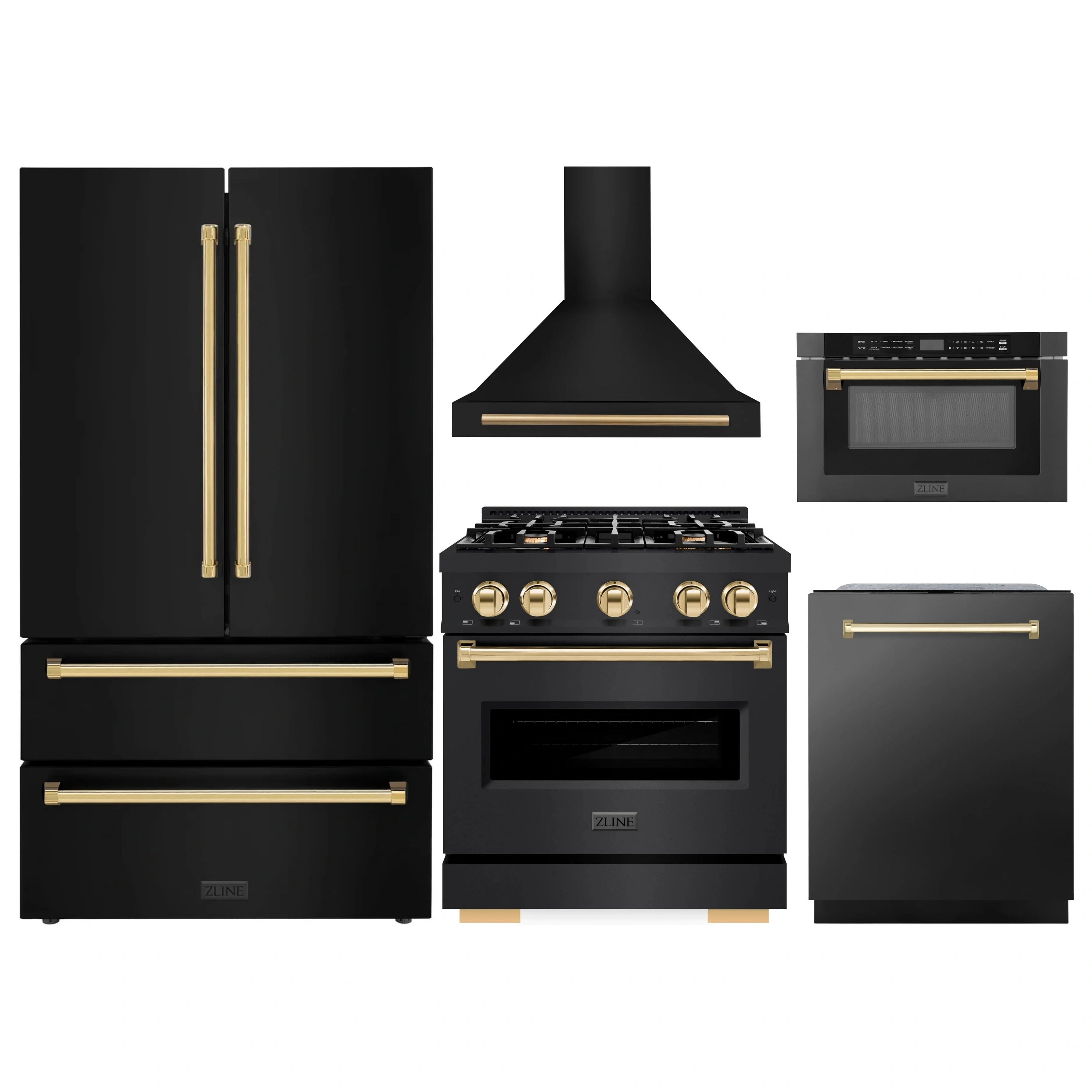 Black stainless appliance set with gold accents: hood, gas range, refrigerator, drawer