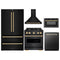 ZLINE 5-Piece Appliance Package - 30-Inch Gas Range, Hood, Refrigerator, Dishwasher, and Microwave Drawer in Black Stainless Steel with Gold Accents