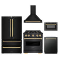 ZLINE 5-Piece Appliance Package - 30-Inch Gas Range, Hood, Refrigerator, Dishwasher, and Microwave Drawer in Black Stainless Steel with Gold Accents