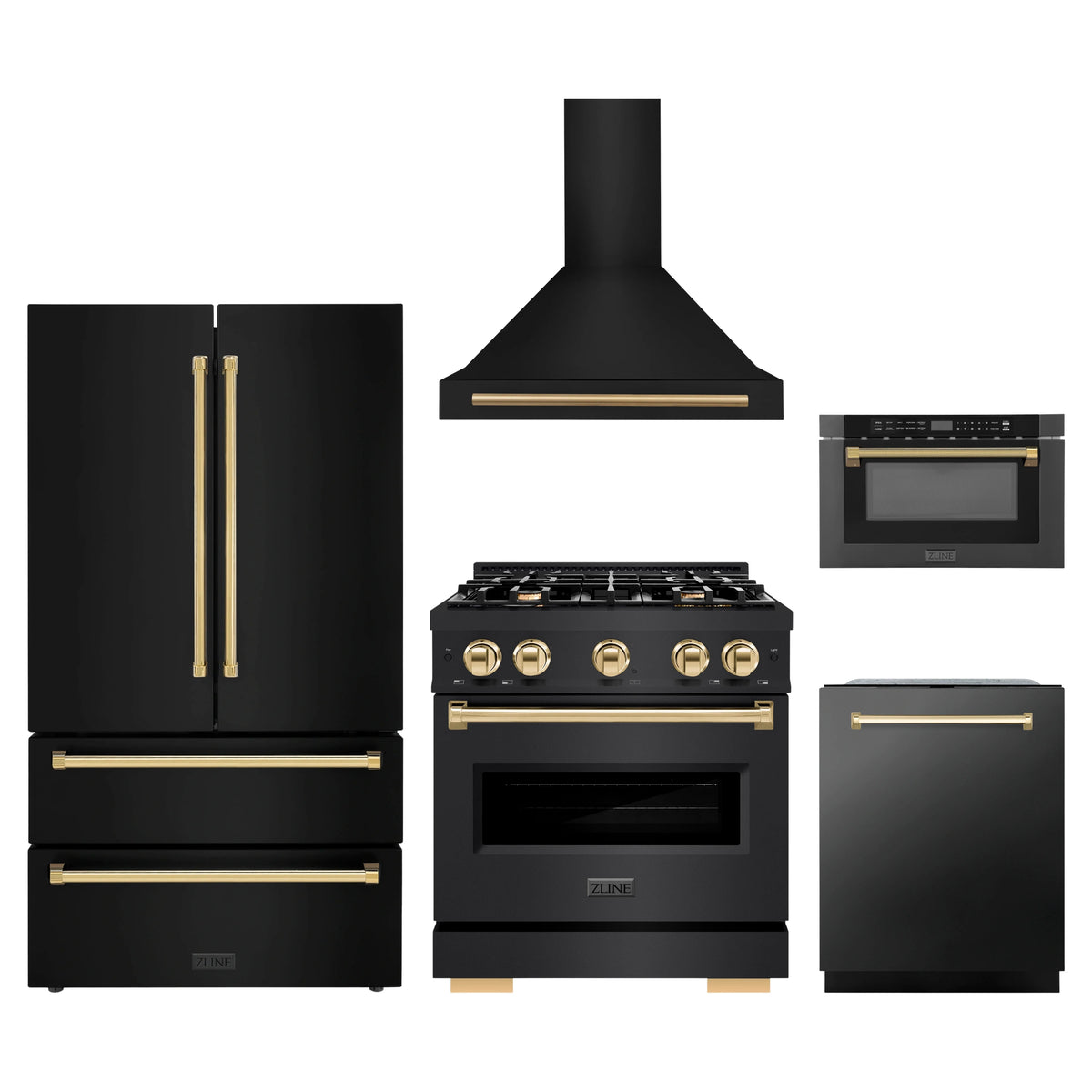 ZLINE 5-Piece Appliance Package - 30-Inch Gas Range, Hood, Refrigerator, Dishwasher, and Microwave Drawer in Black Stainless Steel with Gold Accents