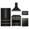 ZLINE 5-Piece Appliance Package - 30-Inch Gas Range, Hood, Refrigerator, Dishwasher, and Microwave Drawer in Black Stainless Steel with Gold Accents