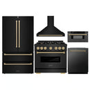 ZLINE 5-Piece Appliance Package - 36-Inch Autograph Edition Gas Range, Wall Mount Range Hood, 36-Inch French Door Refrigerator, Dishwasher, and 30-Inch Microwave Drawer in Black Stainless Steel with Champagne Bronze Accents