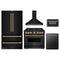 ZLINE 5-Piece Appliance Package - 36-Inch Gas Range, Hood, Refrigerator, Dishwasher, and Microwave Drawer in Black Stainless Steel with Champagne Bronze Accents