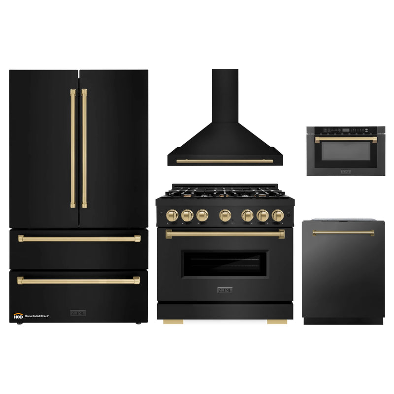 ZLINE 5-Piece Appliance Package - 36-Inch Gas Range, Hood, Refrigerator, Dishwasher, and Microwave Drawer in Black Stainless Steel with Champagne Bronze Accents
