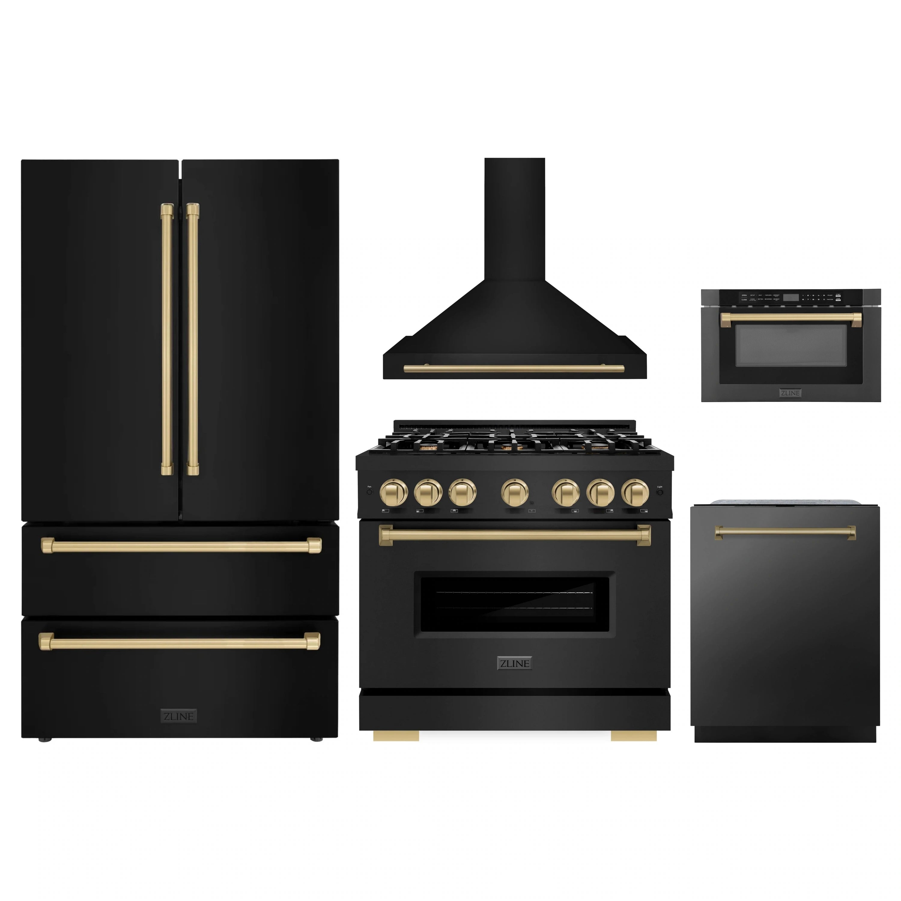 Black stainless appliance package with gold-accent range, hood, and refrigerator