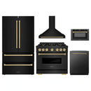 ZLINE 5-Piece Appliance Package - 36-Inch Gas Range, Hood, Refrigerator, Dishwasher, and Microwave Drawer in Black Stainless Steel with Champagne Bronze Accents