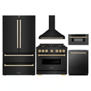 ZLINE 5-Piece Appliance Package - 36-Inch Autograph Edition Gas Range, Wall Mount Range Hood, 36-Inch French Door Refrigerator, Dishwasher, and 30-Inch Microwave Drawer in Black Stainless Steel with Gold Accents