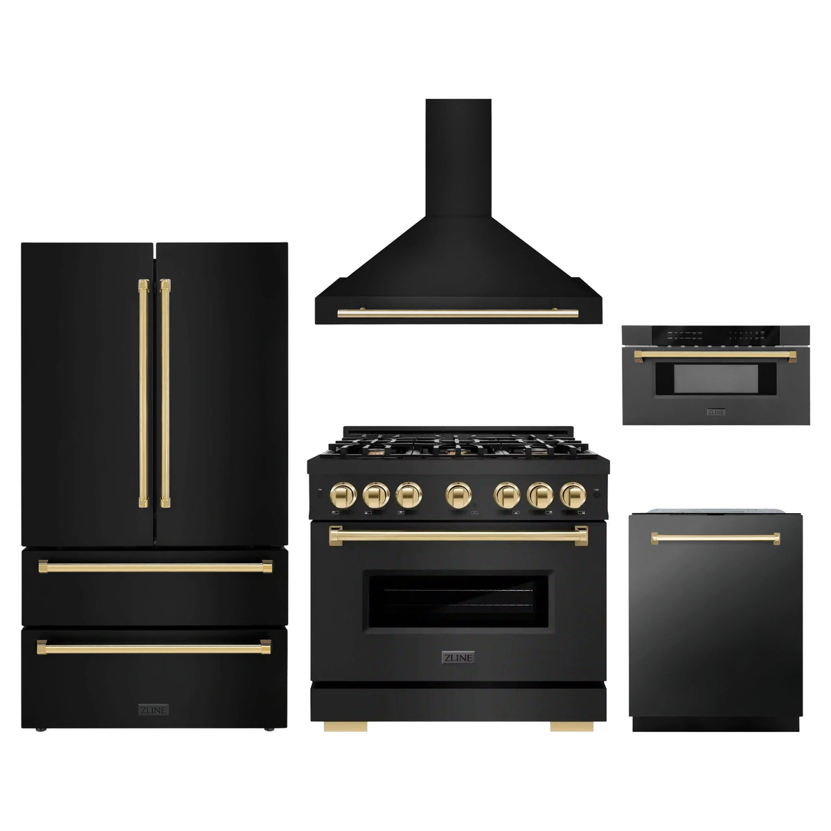 ZLINE 5-Piece Appliance Package - 36-Inch Autograph Edition Gas Range, Wall Mount Range Hood, 36-Inch French Door Refrigerator, Dishwasher, and 30-Inch Microwave Drawer in Black Stainless Steel with Gold Accents