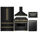 ZLINE 5-Piece Appliance Package - 36-Inch Gas Range, Hood, Refrigerator, Dishwasher, and Microwave Drawer in Black Stainless Steel with Gold Accents