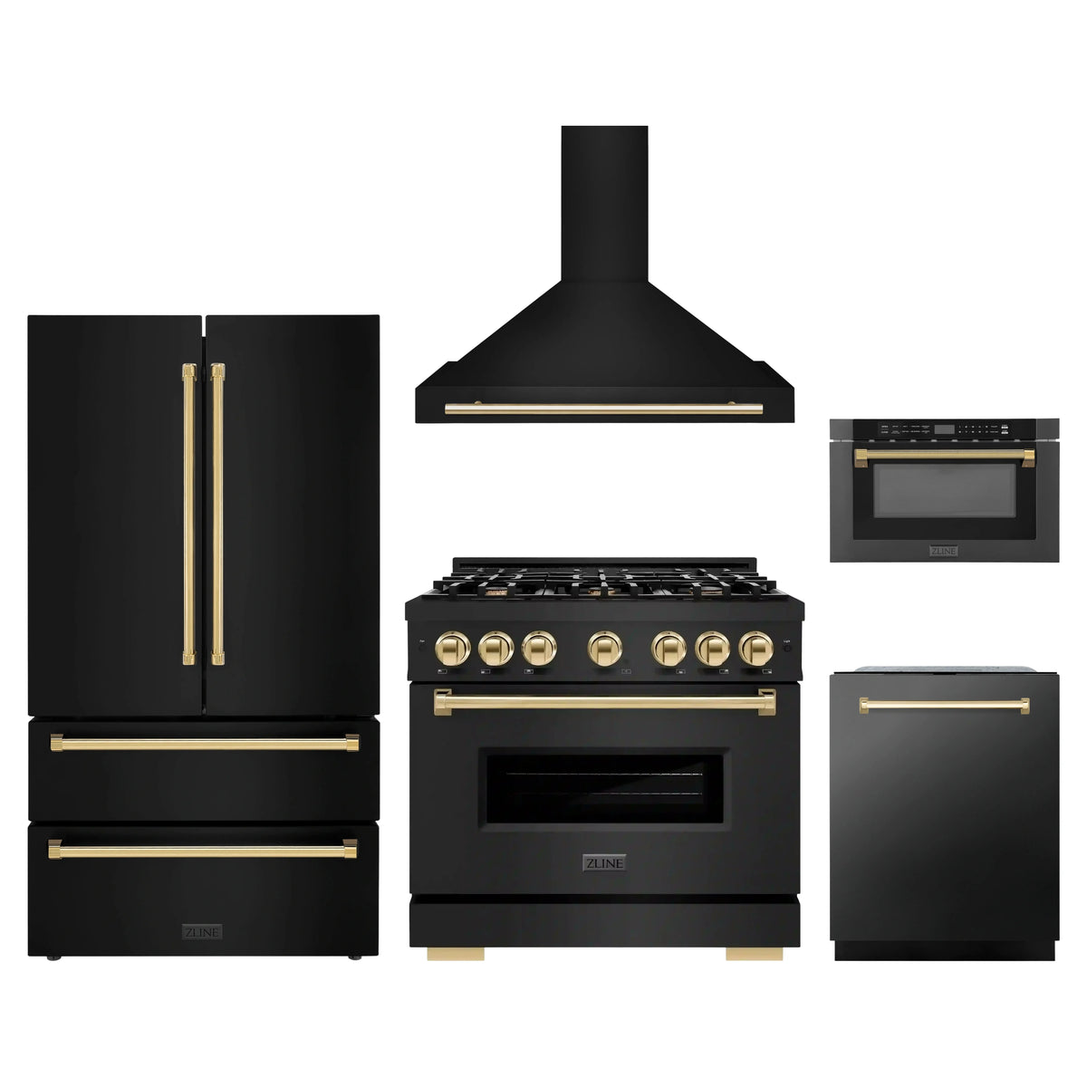 ZLINE 5-Piece Appliance Package - 36-Inch Gas Range, Hood, Refrigerator, Dishwasher, and Microwave Drawer in Black Stainless Steel with Gold Accents