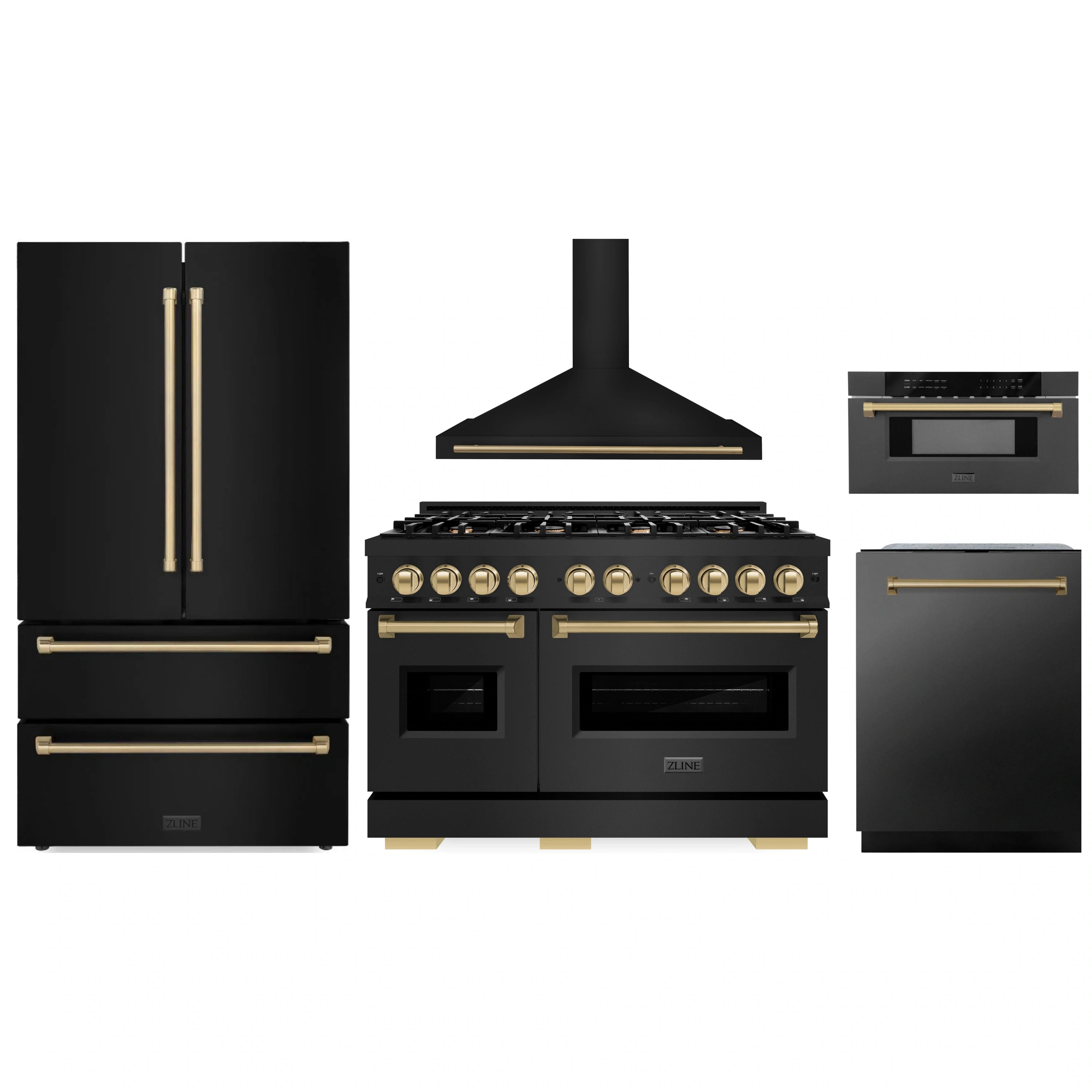 Black stainless kitchen appliance set with champagne bronze accents: range, hood, refrigerator