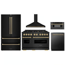 ZLINE 5-Piece Appliance Package - 48-Inch Autograph Edition Gas Range, Wall Mount Range Hood, 36-Inch French Door Refrigerator, Dishwasher, and 30-Inch Microwave Drawer in Black Stainless Steel with Champagne Bronze Accents