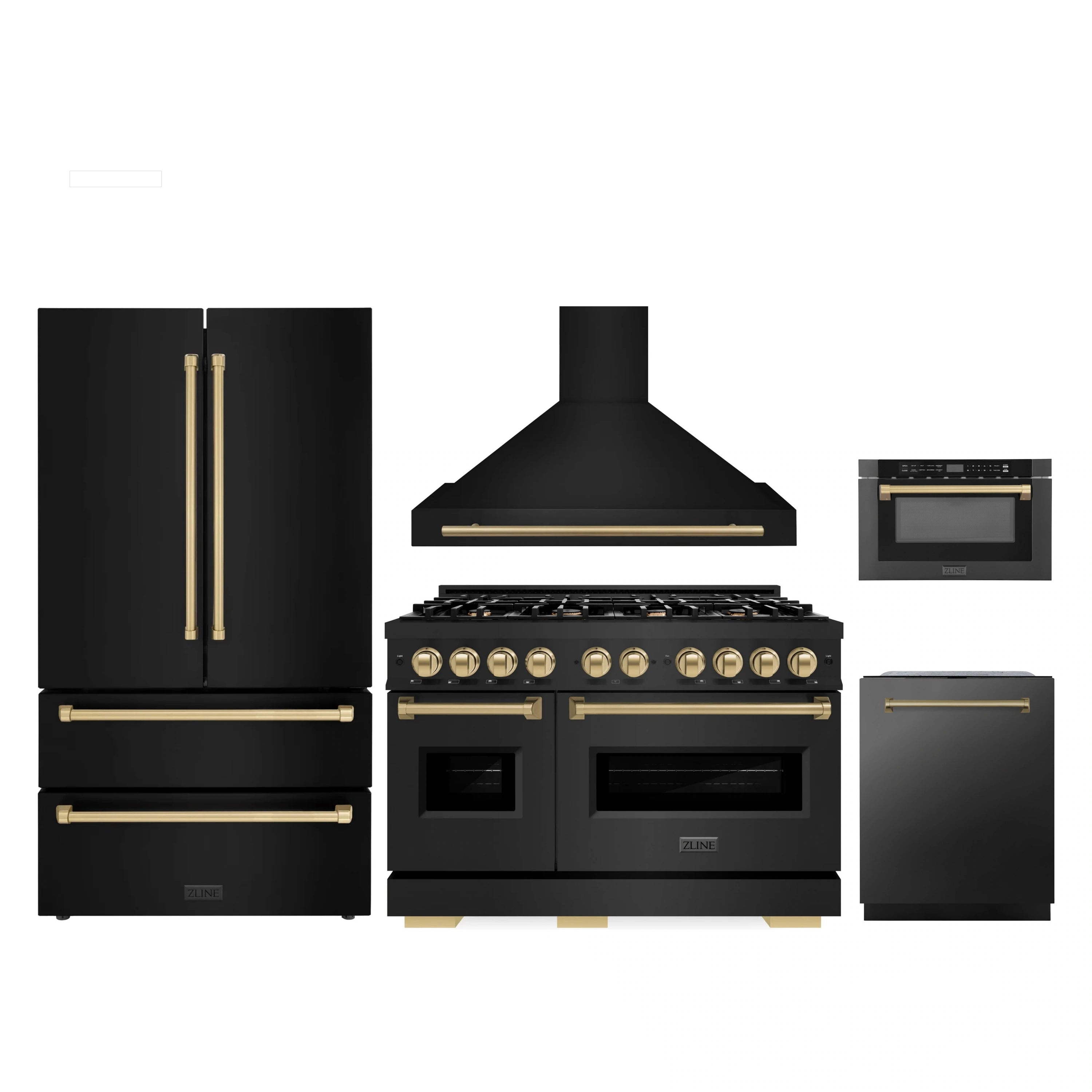 Black stainless appliance set with champagne bronze accents: fridge, gas range, hood, microwave