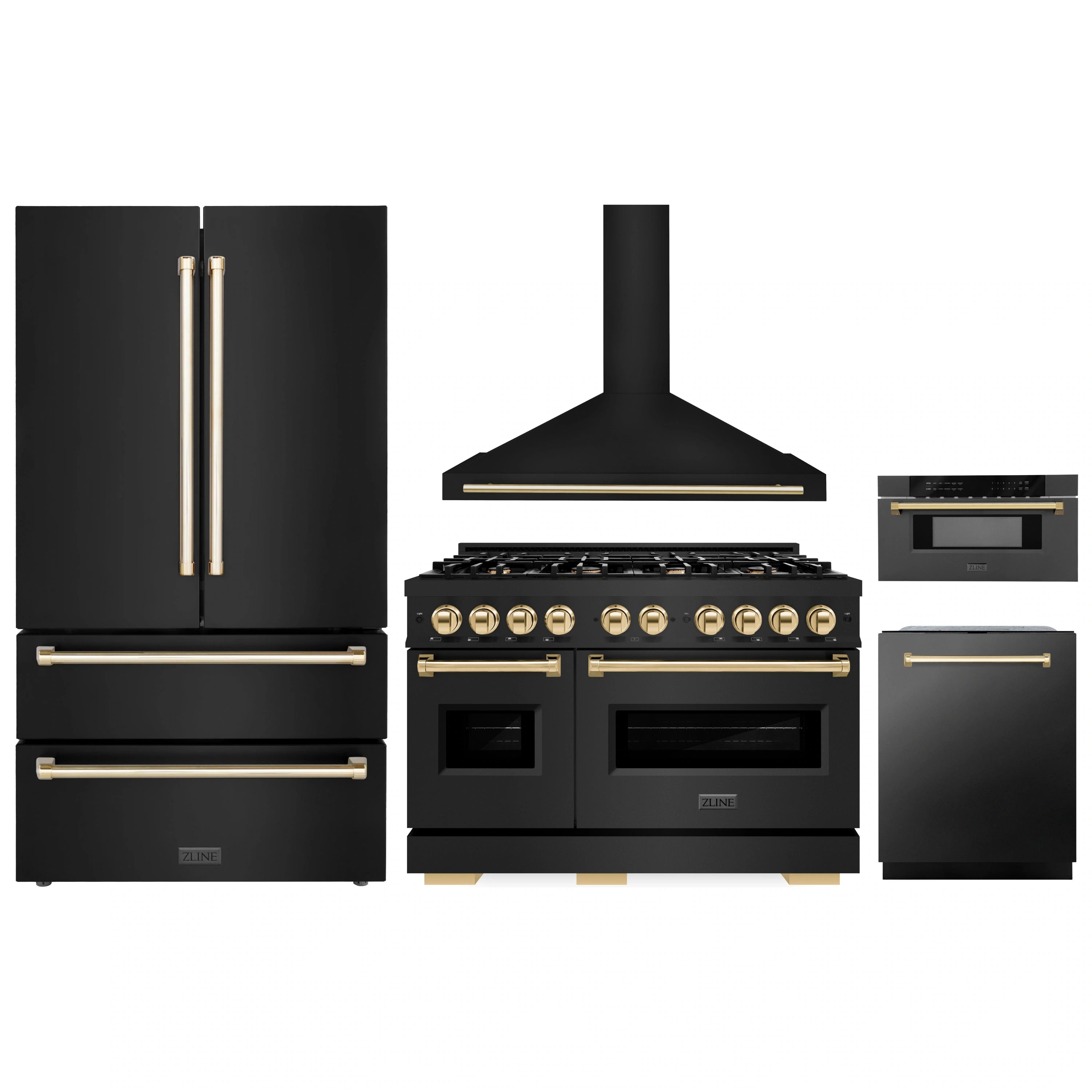 Black ZLINE appliance set with gold accents, featuring range, hood, and refrigerator.
