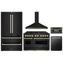 ZLINE 5-Piece Appliance Package - 48-Inch Autograph Edition Gas Range, Wall Mount Range Hood, 36-Inch French Door Refrigerator, Dishwasher, and 30-Inch Microwave Drawer in Black Stainless Steel with Gold Accents