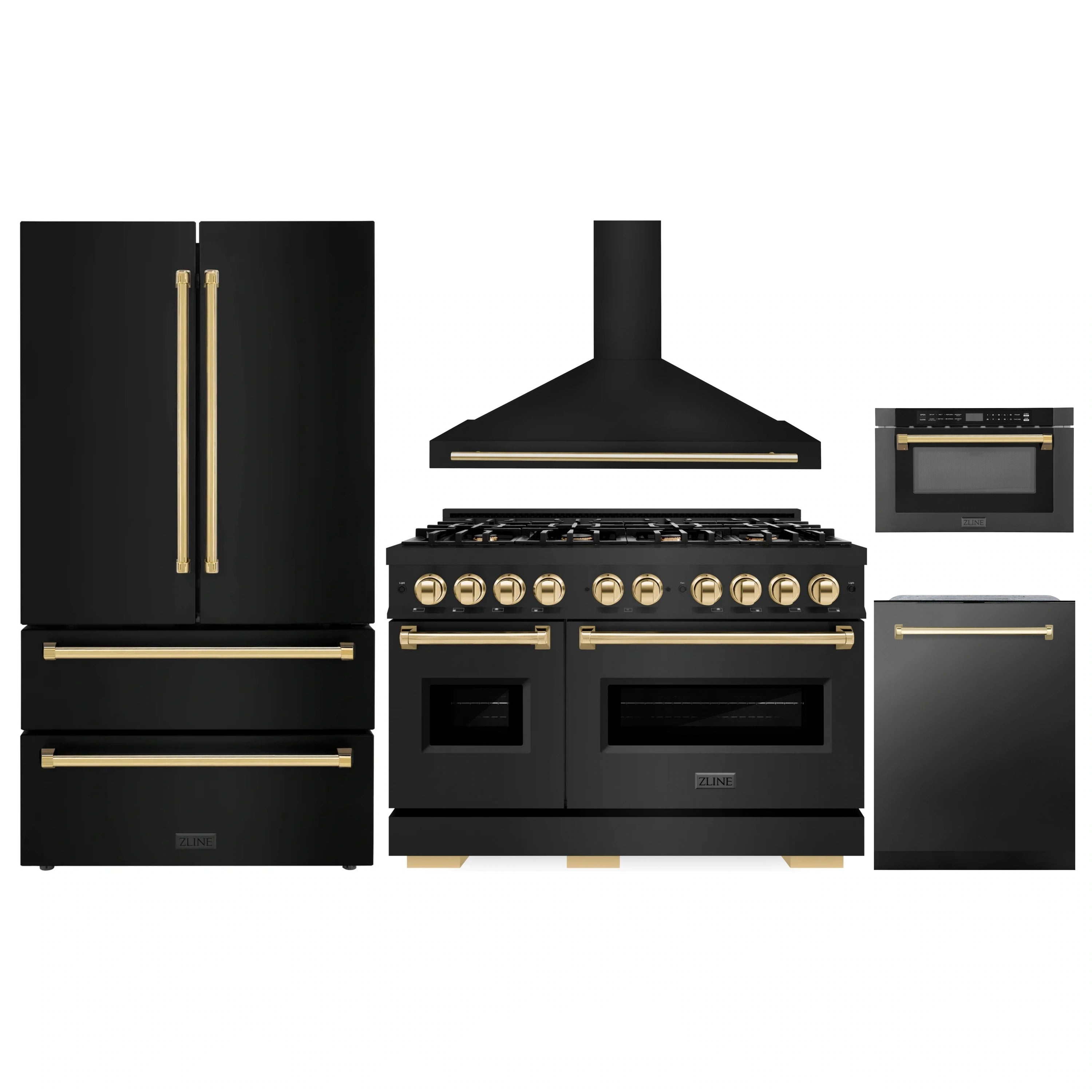 Black appliance package with gold accents: range with hood, refrigerator, and microwave drawer.