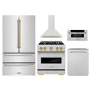 ZLINE 5-Piece Appliance Package - 30-Inch Autograph Edition Gas Range, Wall Mount Range Hood, 36-Inch French Door Refrigerator, Dishwasher, and 30-Inch Microwave Drawer in Stainless Steel with Champagne Bronze Accents