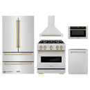ZLINE 5-Piece Appliance Package - 30-Inch Gas Range, Hood, Refrigerator, Dishwasher, and Microwave Drawer in Stainless Steel with Champagne Bronze Accents
