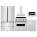 ZLINE 5-Piece Appliance Package - 30-Inch Autograph Edition Gas Range, Wall Mount Range Hood, 36-Inch French Door Refrigerator, Dishwasher, and 30-Inch Microwave Drawer in Stainless Steel with Gold Accents