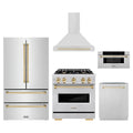 ZLINE 5-Piece Appliance Package - 30-Inch Autograph Edition Gas Range, Wall Mount Range Hood, 36-Inch French Door Refrigerator, Dishwasher, and 30-Inch Microwave Drawer in Stainless Steel with Gold Accents