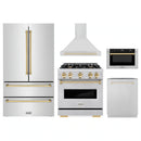 ZLINE 5-Piece Appliance Package - 30-Inch Gas Range, Hood, Refrigerator, Dishwasher, and Microwave Drawer in Stainless Steel with Gold Accents