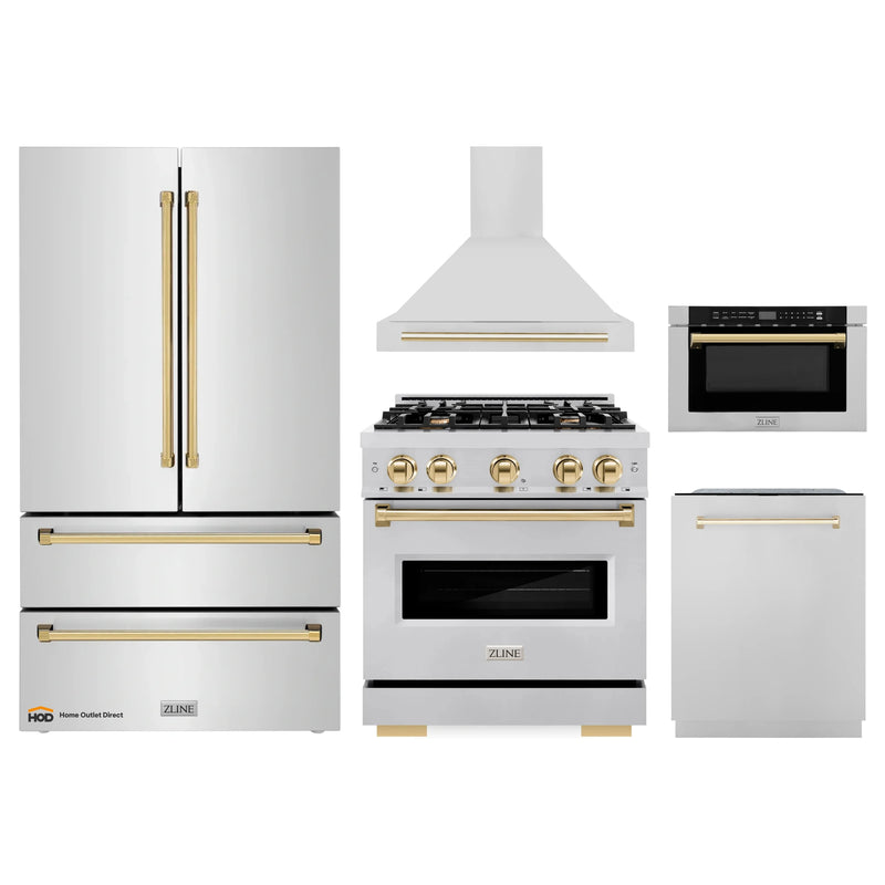 ZLINE 5-Piece Appliance Package - 30-Inch Gas Range, Hood, Refrigerator, Dishwasher, and Microwave Drawer in Stainless Steel with Gold Accents
