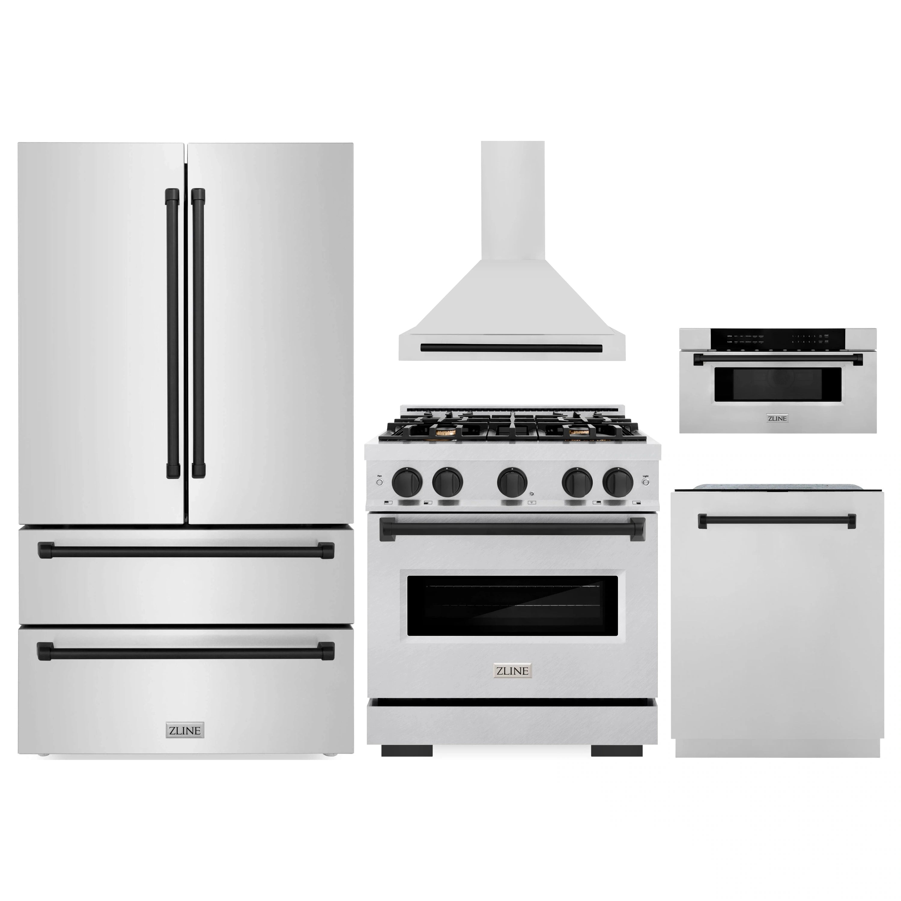 Stainless appliance package set: refrigerator, gas range, hood, dishwasher, microwave drawer