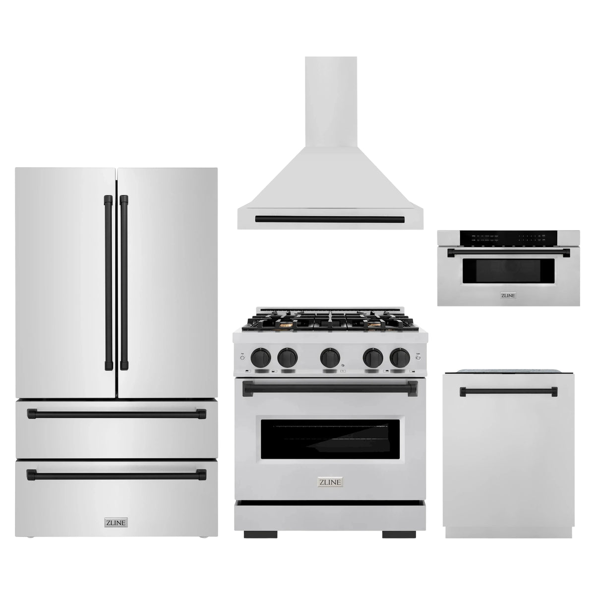 ZLINE 5-Piece Appliance Package - 30-Inch Autograph Edition Gas Range, Wall Mount Range Hood, 36-Inch French Door Refrigerator, Dishwasher, and 30-Inch Microwave Drawer in Stainless Steel Matte Black Accents