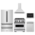 ZLINE 5-Piece Appliance Package - 30-Inch Gas Range, Hood, Refrigerator, Dishwasher, and Microwave Drawer in Stainless Steel with Matte Black Accents