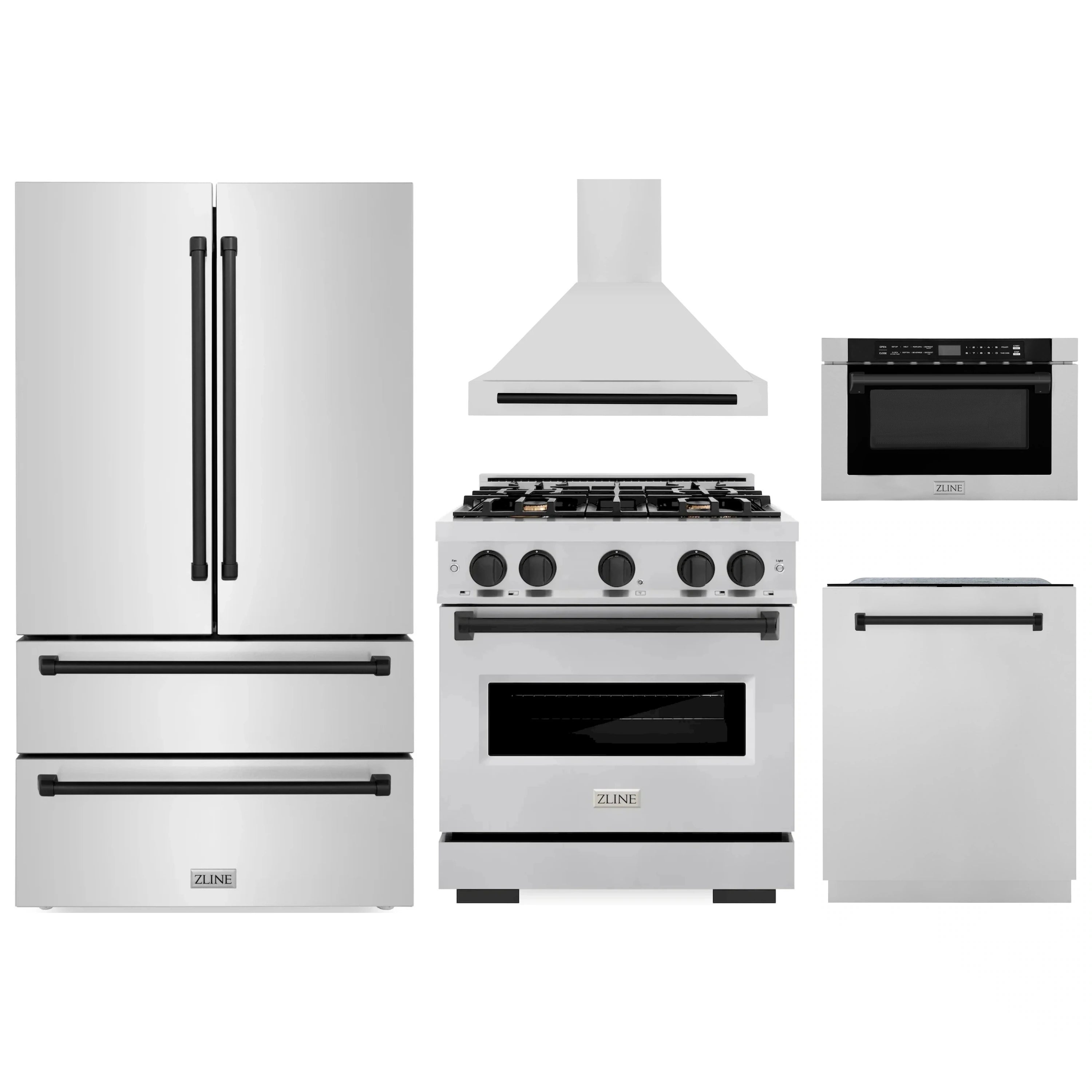 Stainless steel ZLINE appliance package set with fridge, range, hood, microwave drawer, dishwasher