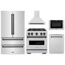 ZLINE 5-Piece Appliance Package - 30-Inch Gas Range, Hood, Refrigerator, Dishwasher, and Microwave Drawer in Stainless Steel with Matte Black Accents