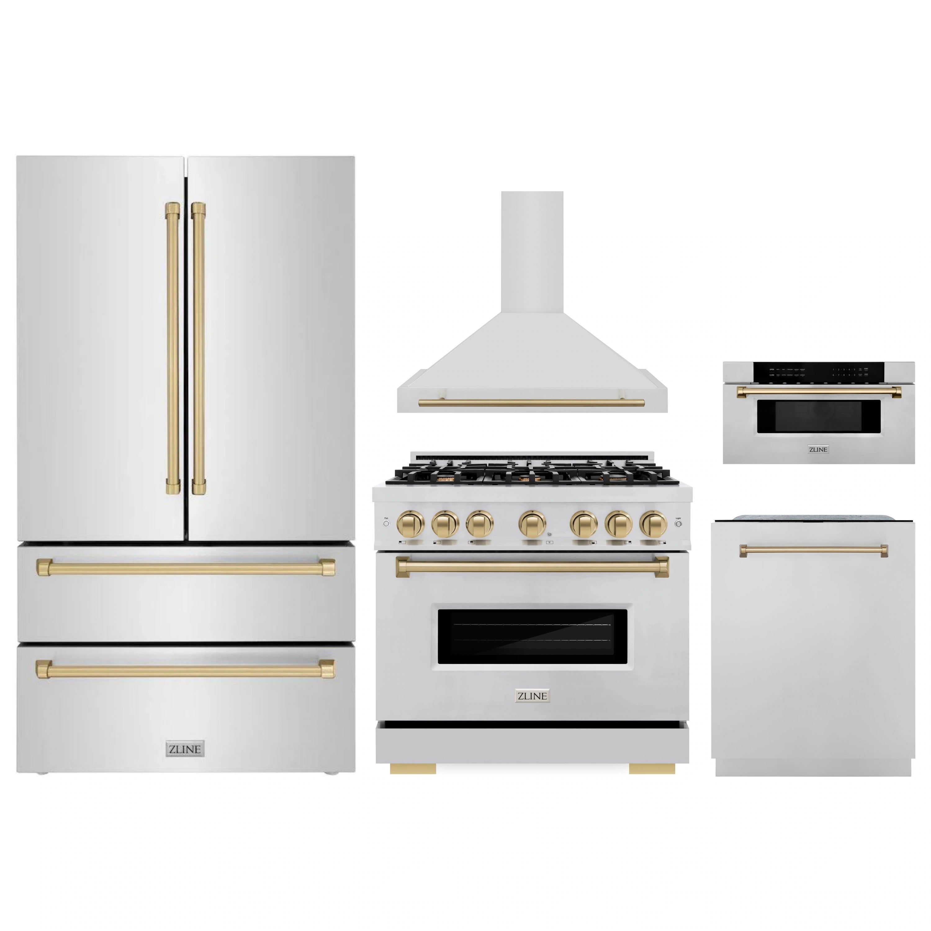 Stainless steel appliance bundle with gas range, microwave, hood, and refrigerator