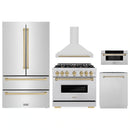 ZLINE 5-Piece Appliance Package - 36-Inch Autograph Edition Gas Range, Wall Mount Range Hood, 36-Inch French Door Refrigerator, Dishwasher, and 30-Inch Microwave Drawer in Stainless Steel with Champagne Bronze Accents