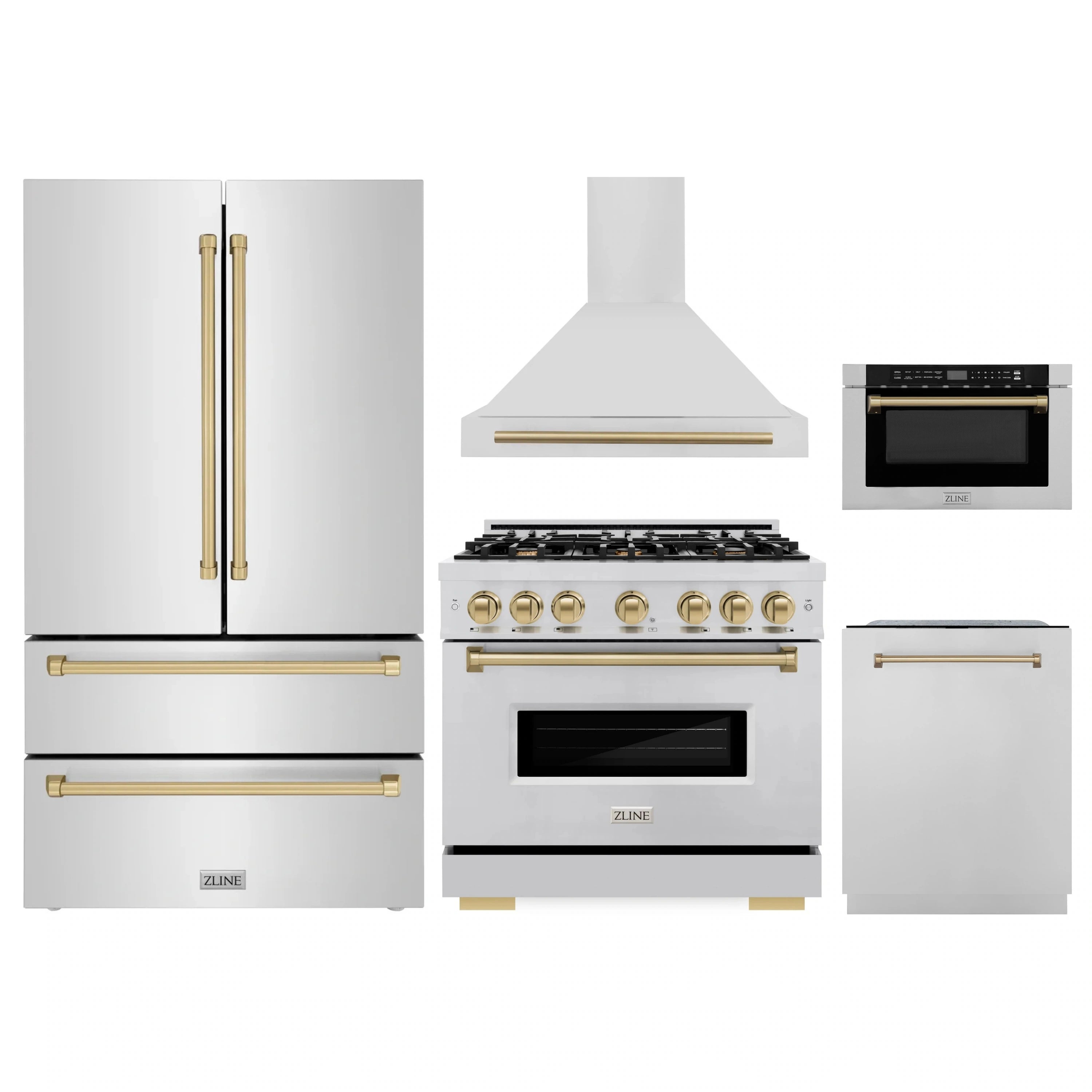 Stainless steel kitchen appliance package set with champagne bronze accents and gas range