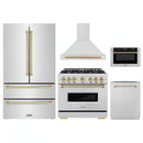 ZLINE 5-Piece Appliance Package - 36-Inch Gas Range, Hood, Refrigerator, Dishwasher, and Microwave Drawer in Stainless Steel with Champagne Bronze Accents
