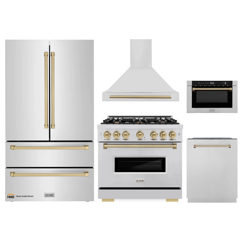 ZLINE 5-Piece Appliance Package - 36-Inch Gas Range, Hood, Refrigerator, Dishwasher, and Microwave Drawer in Stainless Steel with Champagne Bronze Accents